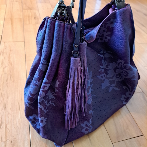 Moda Luxe Hobo Boho Style Vegan Leather Purse Bag Washed Plum w/ Tassel Accents - Picture 7 of 15